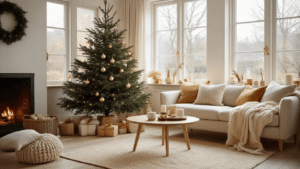 Gezellige Nederlandse woonkamer met een kleine Nordmann-spar op een eikenhouten bijzettafel, minimalistische kerstballen in wit en goud, cremekleurige bank en warme LED-verlichting, sfeervol verlicht door de grote ramen.