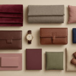 Luxueuze flatlay van interieur kleurstalen met bordeauxrood fluweel, chocoladebruine leer, navy, poederblauw textiel, steel grey en beige materialen, aangevuld met dusty pink, olijfgroen, sage en lila tinten op een cremekleurige achtergrond, met warme verlichting die texturen accentueert en decoratieve elementen zoals koperen accessoires en natuurlijke materialen.