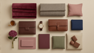 Kleurentrends 2025/2026: Ontdek de Meest Opvallende Tinten voor Mode en Interieur Luxueuze flatlay van interieur kleurstalen met bordeauxrood fluweel, chocoladebruine leer, navy, poederblauw textiel, steel grey en beige materialen, aangevuld met dusty pink, olijfgroen, sage en lila tinten op een cremekleurige achtergrond, met warme verlichting die texturen accentueert en decoratieve elementen zoals koperen accessoires en natuurlijke materialen.