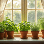 Lichtovergoten keukenvensterbank met terracotta potten vol kruiden zoals basilicum, munt, tijm en rozemarijn, in de gouden ochtendzon met dramatische schaduwen op een wit marmeren blad, vintage koperen gieter en kalligrafische plantenlabels.