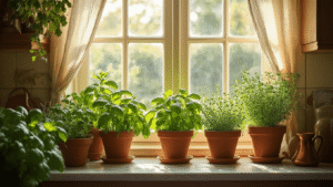 Lichtovergoten keukenvensterbank met terracotta potten vol kruiden zoals basilicum, munt, tijm en rozemarijn, in de gouden ochtendzon met dramatische schaduwen op een wit marmeren blad, vintage koperen gieter en kalligrafische plantenlabels.