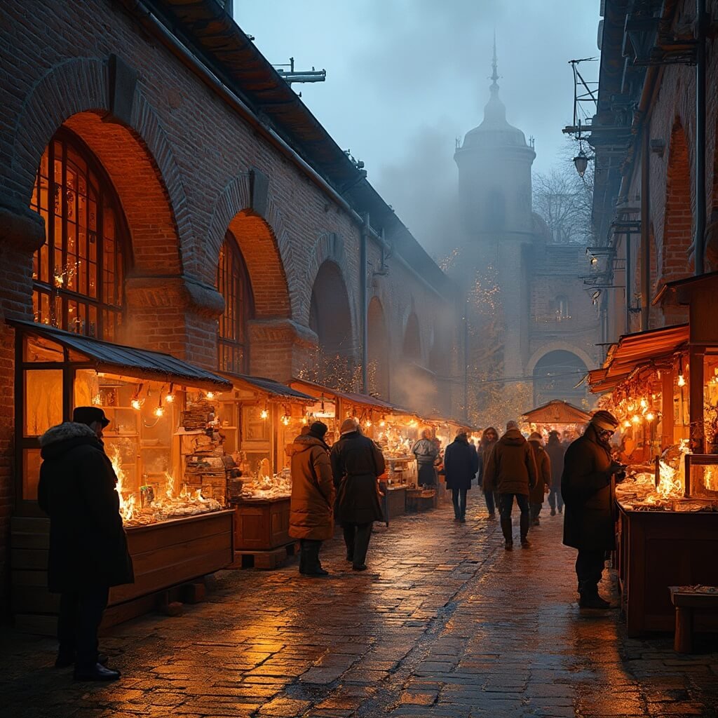 Winterse Wonderen in Leeuwarden: Jouw Ultieme Gids door een Betoverende Winterstad A vibrant Christmas market at the Blokhuispoort former prison complex in Leeuwarden, featuring historic brick buildings with arched doorways, warm light from fire braziers, wooden market stalls, people in winter coats browsing crafts, and steam rising from hot beverage stands, all set in a festive evening atmosphere.