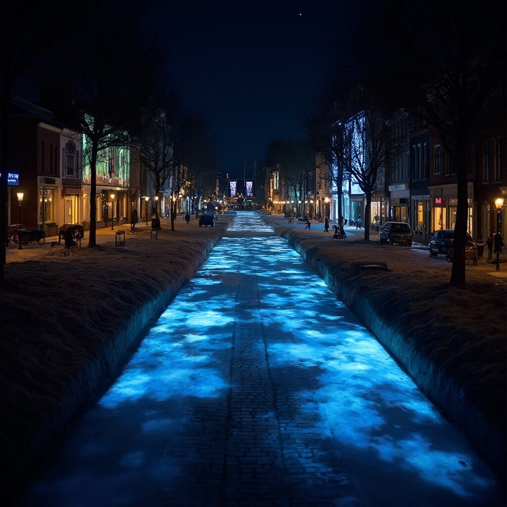 Winterse Wonderen in Leeuwarden: Jouw Ultieme Gids door een Betoverende Winterstad Artistiek nachtelijk stadsgezicht van Leeuwarden tijdens het LUNA Festival, met lichtinstallaties die de donkere winterstraten transformeren, abstracte projecties op historische gebouwen, gloeiende paden met silhouetten, etherische blauwe en gouden lichttinten, complexe gelaagde visuele compositie die de magische sfeer van het festival vastlegt, zonder tekst of borden zichtbaar.