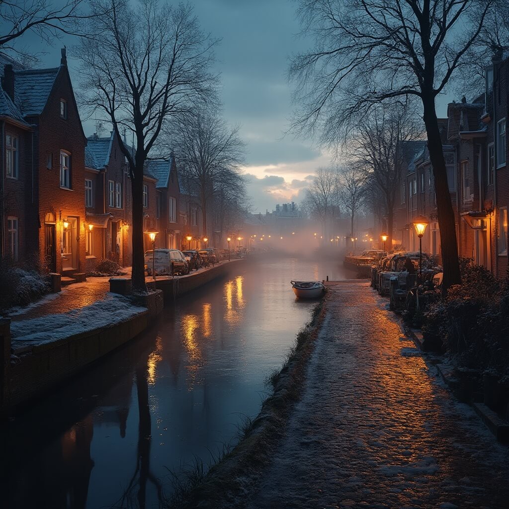 Winterse Wonderen in Leeuwarden: Jouw Ultieme Gids door een Betoverende Winterstad Atmospheric winter evening scene in Leeuwarden canal district, featuring narrow frosty waterways reflecting warm street lights, traditional gabled houses, bare tree branches, and glistening cobblestone streets, creating a cozy ambiance against a dark sky.