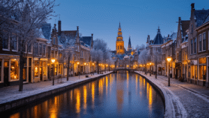 A winter scene in Leeuwarden featuring frost-covered canals, warm streetlights, traditional Frisian architecture, cozy cafe windows, and illuminated historic monuments under a dark sky, evoking a charming and nostalgic atmosphere.