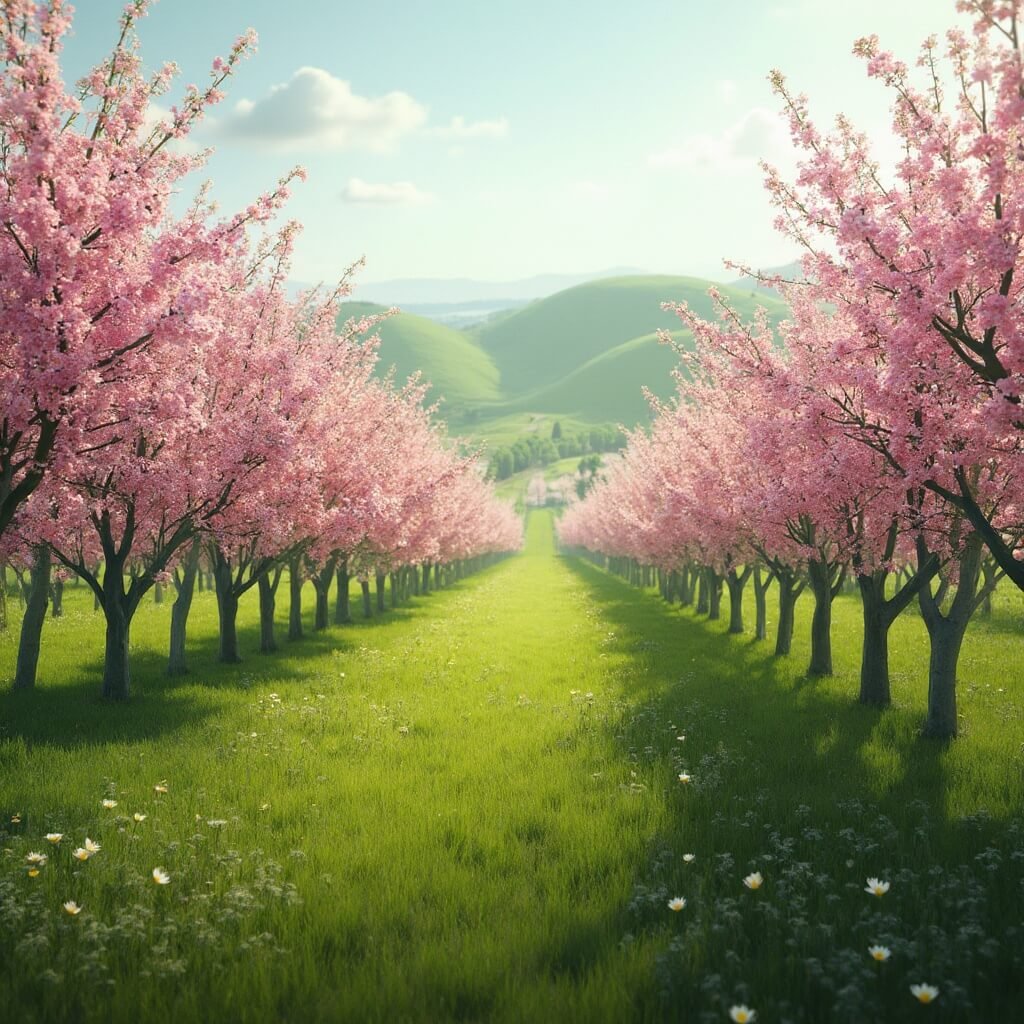 Ultra-detailed fotorealistisch landschap van een levendig lente-fruitboomgaard in Limburg, Nederland, met rijen bloeiende fruitbomen in zachte pastelkleuren, zacht diffuus ochtendlicht, glooiende groene heuvels op de achtergrond, wilde bloemen verspreid over het weelderige gras, gedetailleerde botanische nauwkeurigheid, hoge resolutie, zonder menselijke figuren, zachte focus op het verre landschap.