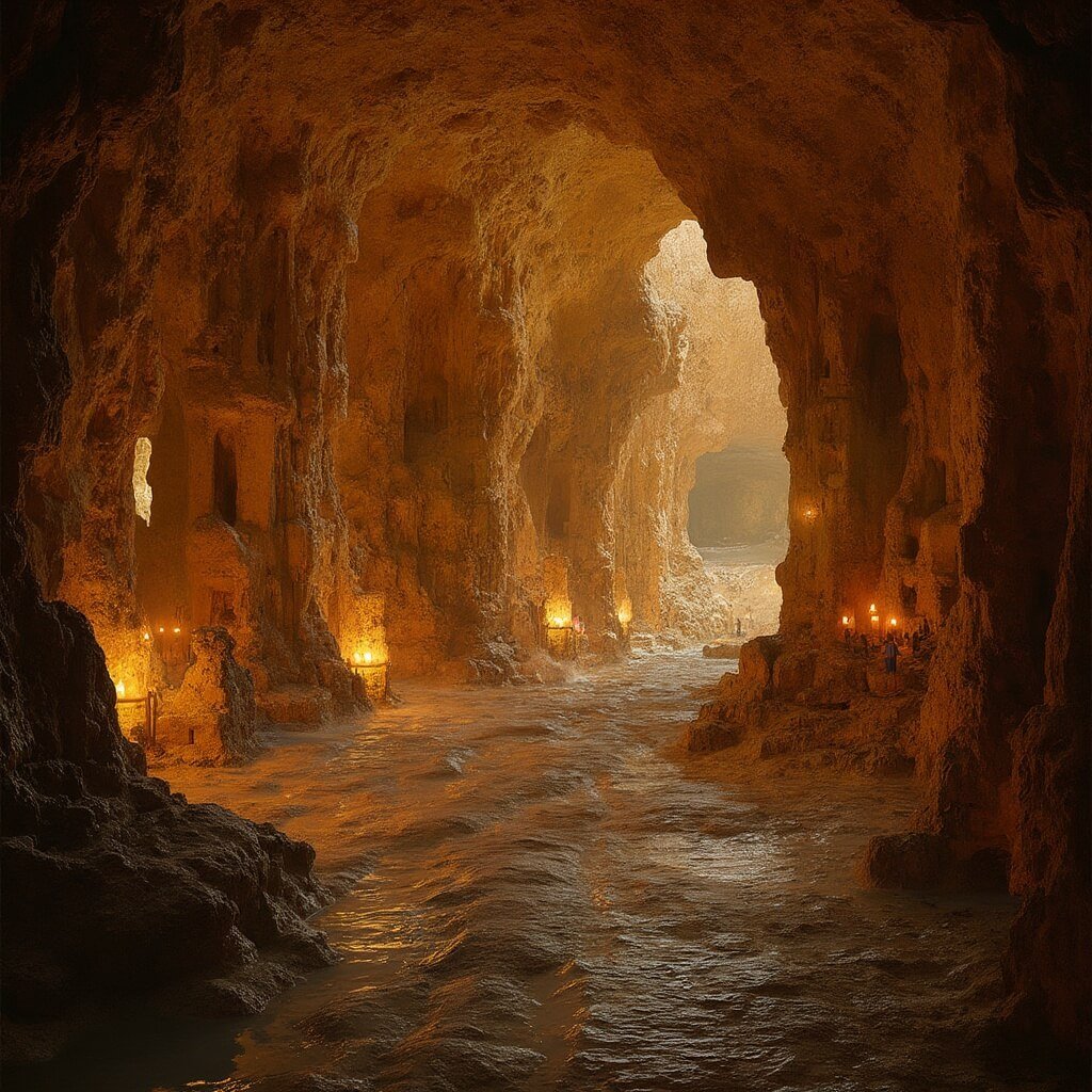 Uitstapjes Zuid-Limburg: Ontdek het Verborgen Paradijs van Nederland! Underground limestone cave with winding passages, illuminated carved sculptures, arched ceilings, and visitors exploring mystical chambers, featuring dramatic shadows and atmospheric lighting in historic Dutch quarries.