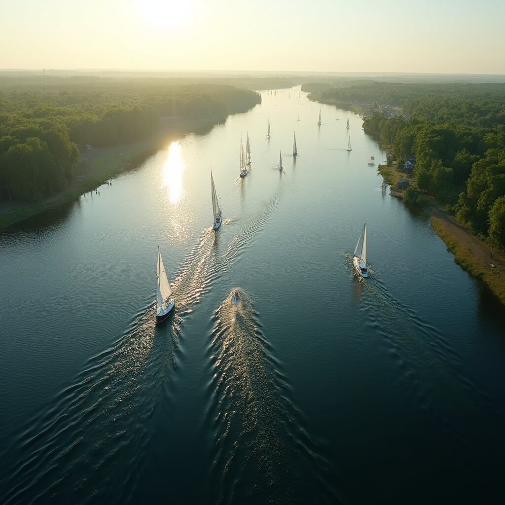 Fotorealistisch landschap van de Loosdrechtse Plassen met meerdere zeilboten en kleine motorboten die over het kalme blauwe water glijden, omringd door weelderige groene bossen en een kustlijn, met zachte namiddagzon die warme gouden weerspiegelingen creëert, luchtfoto in groothoek die een vredige Nederlandse waterscape met verre bosrijke oevers toont.