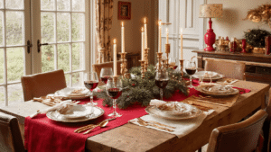 Luxueuze kersttafel met rood linnen tafelkleed, gouden porselein, kristallen glazen, zilveren bestek, dennentakken, kaarsen in koperen kandelaars, handgevouwen servetten, mini-kerstdorpjes en warme verlichting.