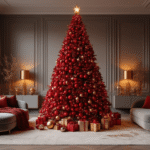 Luxueuze woonkamer met een imposante rode kerstboom, rijkelijk versierd met fluwelen kerstballen, gouden accenten en warme LED-verlichting.