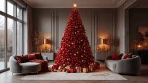 Luxueuze woonkamer met een imposante rode kerstboom, rijkelijk versierd met fluwelen kerstballen, gouden accenten en warme LED-verlichting.