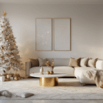 Luxueuze moderne woonkamer met elegante witte kunstkerstboom, kristallen ornamenten en warme LED-verlichting, in een gouden uursfeer.