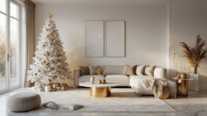 Luxueuze moderne woonkamer met elegante witte kunstkerstboom, kristallen ornamenten en warme LED-verlichting, in een gouden uursfeer.