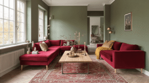 Luxueuze Nederlandse woonkamer met bordeauxrode velours bank, mosgroene accent muur en eikenhouten salontafel. Warme kaarsenlicht, herfsttinten en kerstdecoratie creëren een gezellige sfeer.