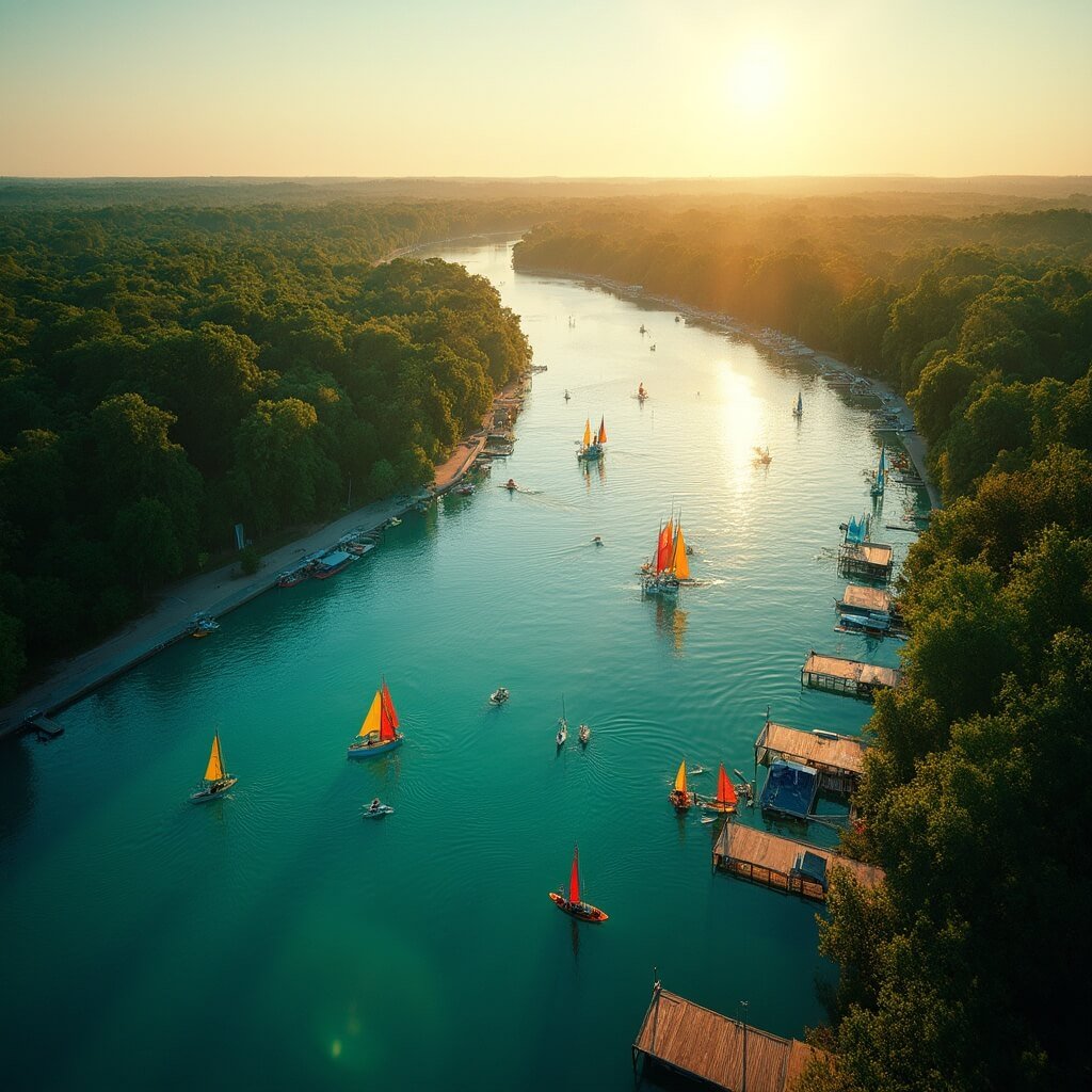 Cinematische groothoekfotografie van het Maasplassen waterrecreatiegebied tijdens een gouden zomermiddag, met kleurrijke zeilboten en kayaks op het kristalheldere blauwe water, omringd door een dicht groen bos langs de kustlijn, houten bootdocks en dramatische verlichting met de zon die op het wateroppervlak reflecteert, hyperrealistisch landschap, geen mensen zichtbaar, panoramische compositie.
