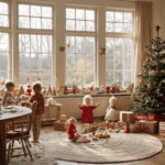 Gezellige Nederlandse woonkamer met knutselmaterialen voor kerstdecoraties, zoals zoutdeeg hangers en watten sneeuwpoppen, onder warme wintermiddaglicht en houten balkenplafond.