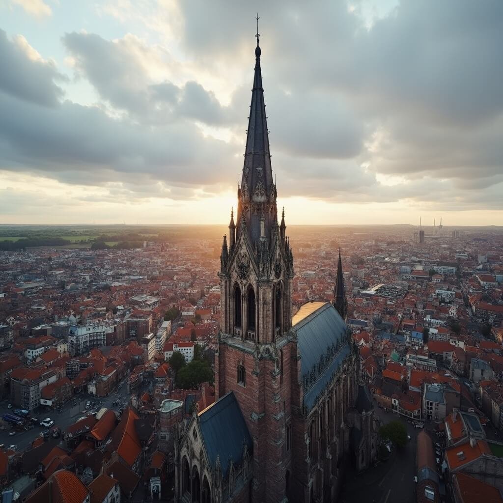 Ontdek de Verborgen Schatten van Groningen: Een Onvergetelijke Reis door Cultuur, Natuur en Avontuur Aerial view of a towering Gothic church spire rising 96 meters into a dramatic cloudy sky, surrounded by a historic Dutch city with red-tiled roofs, winding canals, and a mix of ancient and modern buildings, illuminated by golden hour light.