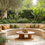 Luxueuze mediterrane tuin met gebogen loungebank in beige, terracotta plantenbakken en olijfgroene kussens, verlicht door het gouden uur met warme schaduwen en rijke texturen.