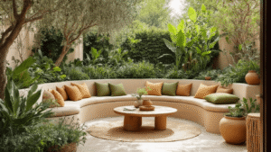 Tuintrends 2026: Jouw Tuin als Persoonlijk Paradijs Luxueuze mediterrane tuin met gebogen loungebank in beige, terracotta plantenbakken en olijfgroene kussens, verlicht door het gouden uur met warme schaduwen en rijke texturen.
