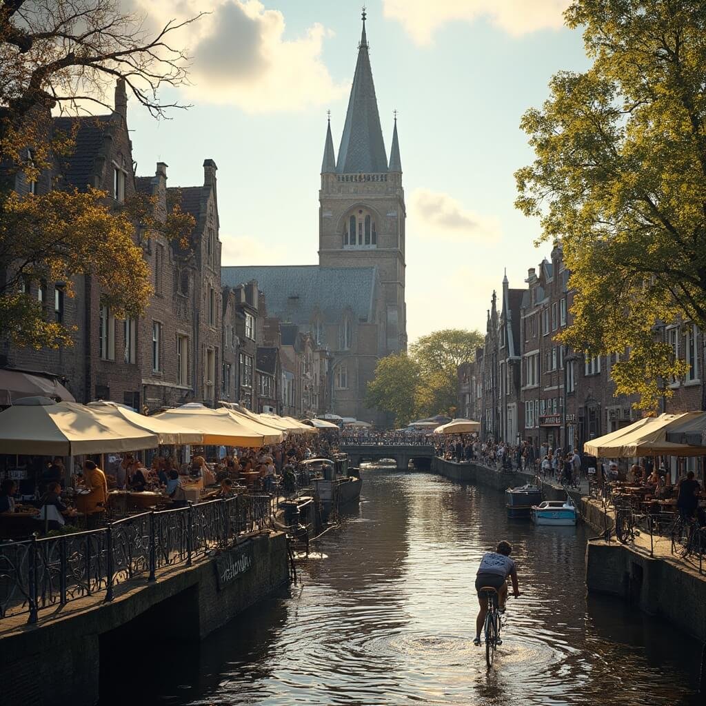 Historic center of Middelburg with the Gothic abbey tower Lange Jan, traditional brick buildings, cyclists on tree-lined canals, outdoor cafés with colorful umbrellas, and a bustling market square, all bathed in warm afternoon sunlight.