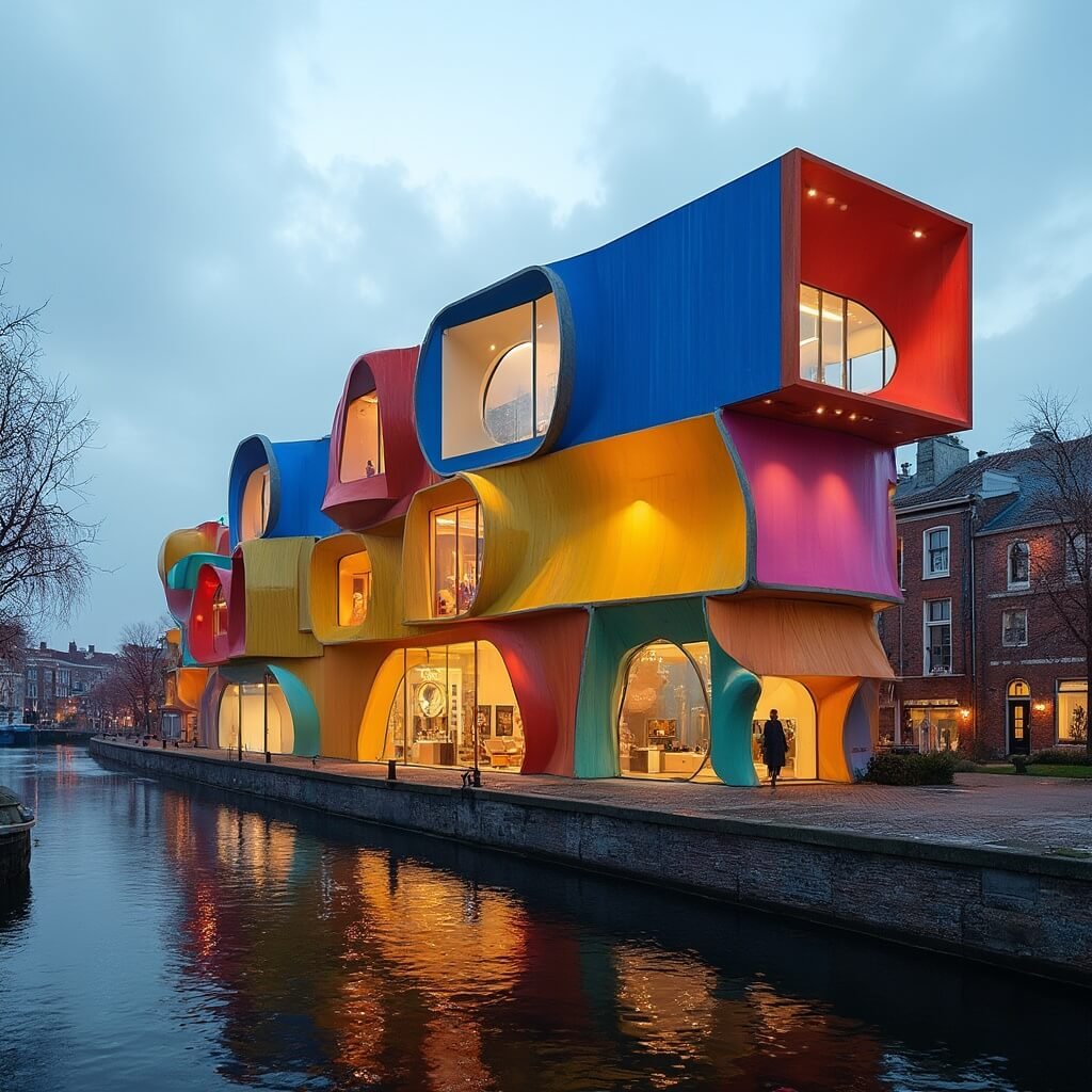 Ontdek de Verborgen Schatten van Groningen: Een Onvergetelijke Reis door Cultuur, Natuur en Avontuur Modern architectural marvel museum featuring bold geometric shapes and vibrant colors, with curved walls and angular designs, located beside a canal in a Dutch urban setting, showcasing contemporary art through large windows, surrounded by traditional brick buildings under dramatic lighting against a cloudy sky.