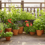 Prachtige moderne balkontuin met groene planten in terracotta potten, houten planken en zachte gouden ochtendlicht.