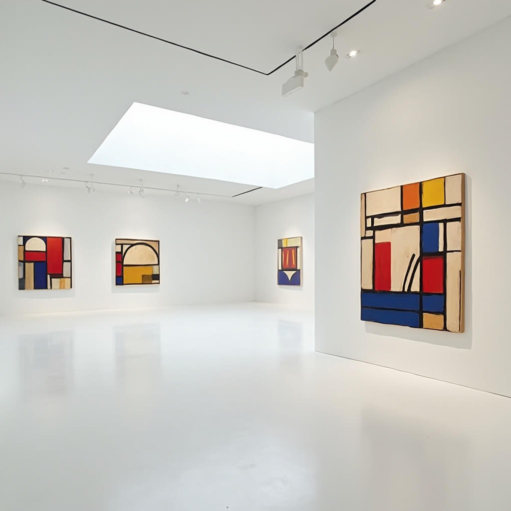 Gedetailleerd interieur van een museum met Mondriaan-kunstwerken, minimalistische witte galerijruimte met geometrische abstracte schilderijen in de primaire kleuren rood, blauw en geel, precieze architectonische lijnen en een schoon tentoonstellingsontwerp, zachte museumverlichting die de intrigerende details en compositie van de schilderijen benadrukt, lege galerijruimte die stille contemplatie suggereert.