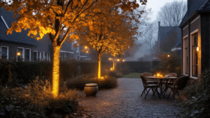Sfeervolle Nederlandse achtertuin bij schemering met warme LED-lichtsnoeren, vintage tuinmeubelen, handgemaakte lantaarns en herfstbladeren, allemaal verlicht met een gouden gloed.