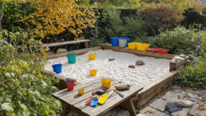 Zonnige tuin met houten zandbak, kleurrijke emmers en scheppen, beschilderde stenen op een picknicktafel, herfstbladeren en riverstenen op een plank, een geheime hut van takken, vintage kookgerei en een kind in een schort die speelt.