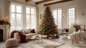Kerstboom in Rood en Goud: Dé Ultieme Gids voor Een Betoverende Feestsfeer Prachtige Nederlandse woonkamer met een majestueuze kerstboom in rood en goud, warme kaarsen, antieke houten balken, fluwelen meubels, en een marmeren salontafel, allemaal gevangen in het gouden uur.