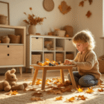 Gezellige kinderkamer gevuld met warm daglicht, een speeltafel vol herfstschilderijen, kastanjes en bladeren op een Scandinavische vloer, met peuterhanden aan het knutselen.