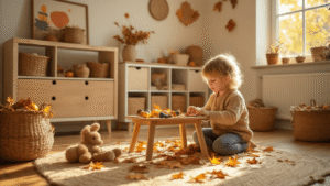 Herfst Knutselen met Kinderen en Peuters: Creatieve Avonturen in de Natuur Gezellige kinderkamer gevuld met warm daglicht, een speeltafel vol herfstschilderijen, kastanjes en bladeren op een Scandinavische vloer, met peuterhanden aan het knutselen.