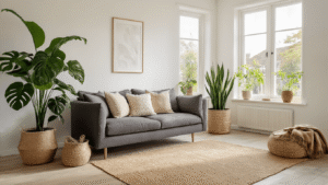 Planten in Huis Stylen: De Ultieme Gids voor een Groene Woonomgeving Gezellige Nederlandse woonkamer met lichte kleuren, grote ramen, een donkergrijze bank, en diverse kamerplanten zoals Monstera, Sanseveria en Pothos, met warme belichting en natuurlijke materialen.