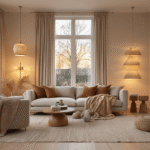 Elegante Nederlandse woonkamer tijdens het gouden uur met warme gelaagde verlichting, zachte texturen en een gezellige hygge-sfeer.