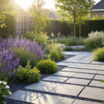 Fotorealistisch ontwerp van een onderhoudsarme Nederlandse tuin met keramische antraciet tegels, paarse lavendel, witte hortensia's en een druppelirrigatiesysteem, vastgelegd in gouden ochtendlicht.