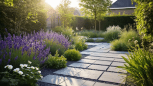 Fotorealistisch ontwerp van een onderhoudsarme Nederlandse tuin met keramische antraciet tegels, paarse lavendel, witte hortensia's en een druppelirrigatiesysteem, vastgelegd in gouden ochtendlicht.