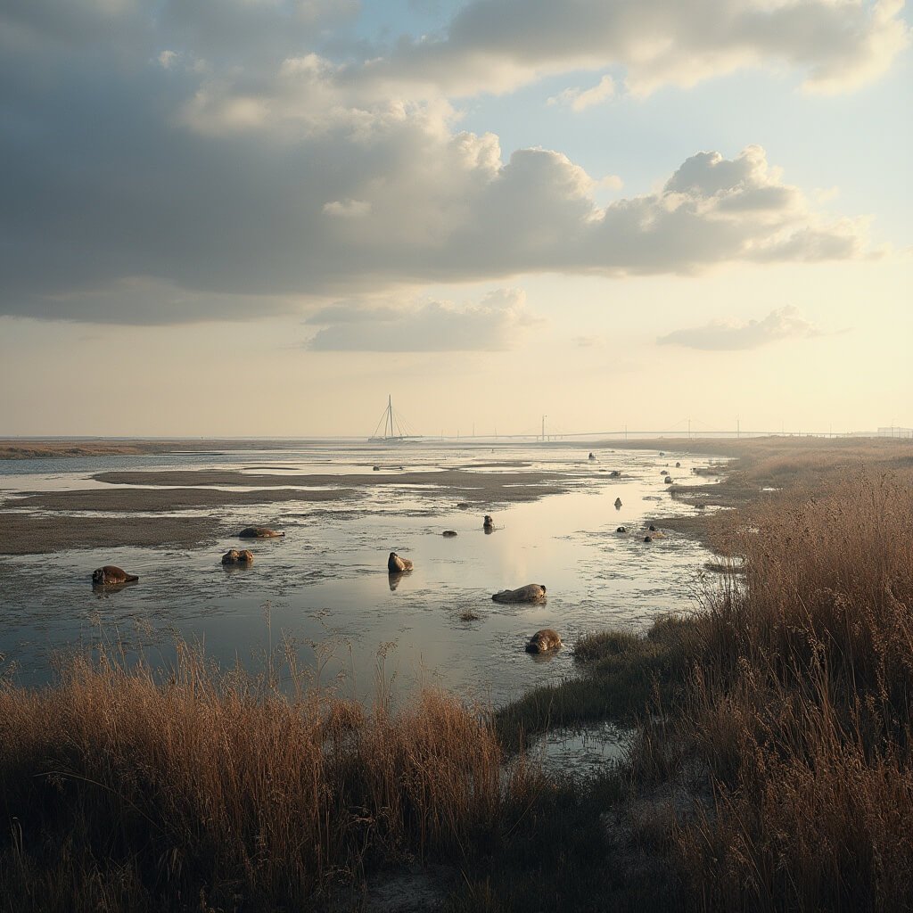 A panoramic view of Oosterschelde National Park in Zeeland, Netherlands, featuring tidal waters and exposed mudflats at low tide, harbor seals on sandbanks, swaying wild grasses and salt marsh vegetation, a dramatic cloudy sky, small anchored boats, the Zeelandbrug bridge on the horizon, and warm golden hour lighting.
