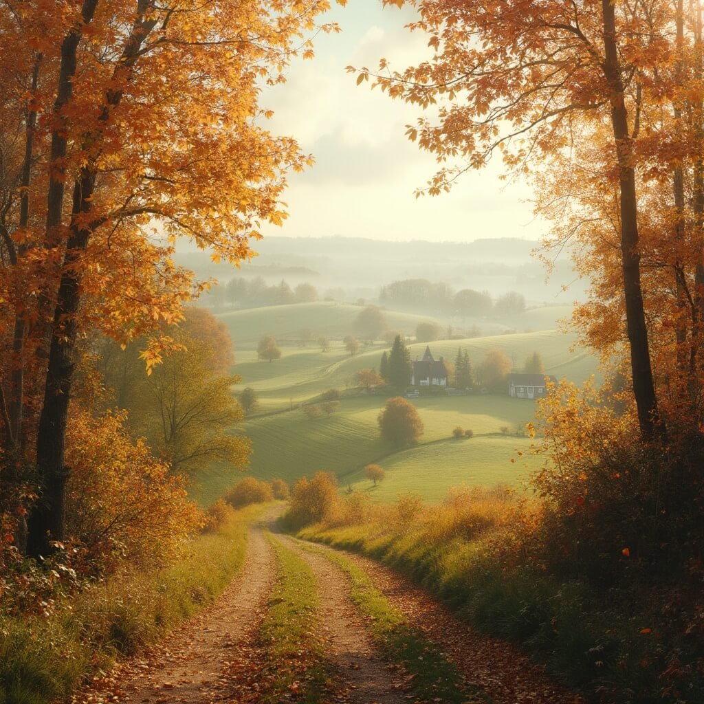Herfstlandschap van het Overijsselse platteland met levendige herfstkleuren, een kronkelig pad door een mistig bos, een traditionele Nederlandse boerderij op de achtergrond, zachte gedempte zonlicht dat een etherische sfeer creëert, glooiende groene velden met verspreide bomen, en een aquarelachtige uitstraling.