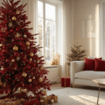 Cinematische close-up van een luxueuze rode kerstboom met gouden versieringen in een sfeervolle woonkamer, verlicht door warm ochtendlicht dat zachte schaduwen creëert op de rijke kerstdecoraties.