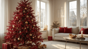 Cinematische close-up van een luxueuze rode kerstboom met gouden versieringen in een sfeervolle woonkamer, verlicht door warm ochtendlicht dat zachte schaduwen creëert op de rijke kerstdecoraties.