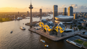 Rotterdam: Jouw Ultieme Uitstapjeshandleider! Aerial view of Rotterdam's skyline at golden hour, showcasing the Euromast tower, tilted Cube Houses, reflective Boijmans Van Beuningen museum depot, bustling harbor with ships and watertaxis, green Kralingse Bos park, and the futuristic RiF010 surf facility, all illuminated with warm light and dramatic shadows.