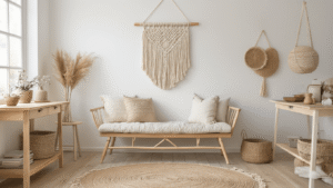 Lichte Scandinavische woonkamer met macramé wandhanger boven een crèmekleurige bank, witte muren, eiken vloer en DIY materialen voor creatieve projecten.