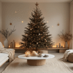 Een elegante Scandinavische woonkamer met een houten kerstboom op een marmeren bijzettafel, verlicht door warme LED-verlichting, minimalistische glazen kerstballen, een crème linnen bank, een wollen kleed in natuurtinten en warme goudkleurige accenten.