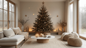 De Ultieme Gids voor een Stijlvolle Houten Kerstboom: Duurzaam en Modern Design Een elegante Scandinavische woonkamer met een houten kerstboom op een marmeren bijzettafel, verlicht door warme LED-verlichting, minimalistische glazen kerstballen, een crème linnen bank, een wollen kleed in natuurtinten en warme goudkleurige accenten.