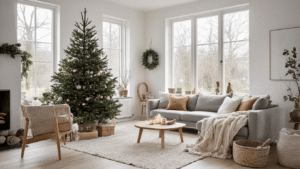 Amazon.nl linkjes om toe te voegen: Moderne Nederlandse woonkamer met handgemaakte houten kerstboom, Scandinavische meubels en warme texturen, verlicht door natuurlijk winterlicht.