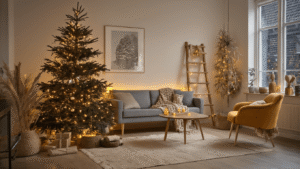 Creatieve Kerstboom Alternatieven: Mijn Persoonlijke Gids voor een Unieke Feestbeleving Minimalistische Scandinavische woonkamer met houten kerstboom, industriƫle ladder met LED-lichtjes, lichtgrijze bank en gezellige leeshoek.