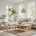 Ruime Scandinavische woonkamer met ochtendlicht, lichtgrijze bank, natuureiken salontafel, jute vloerkleed, groene planten en minimalistische decoratie in aardetinten.