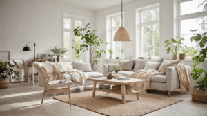 Ruime Scandinavische woonkamer met ochtendlicht, lichtgrijze bank, natuureiken salontafel, jute vloerkleed, groene planten en minimalistische decoratie in aardetinten.