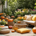 Seizoensdecoratie met kleurrijke tuinstekers, decoratieve pompoenen, lentebloemen en pastelgekleurde kussens in een uitnodigende witte studio-achtergrond.