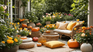 Seizoensdecoratie met kleurrijke tuinstekers, decoratieve pompoenen, lentebloemen en pastelgekleurde kussens in een uitnodigende witte studio-achtergrond.